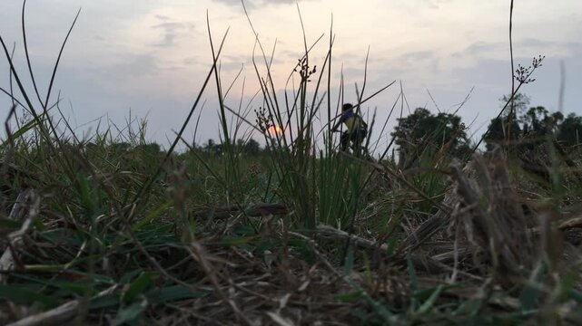 Atmospheric sunset footage showing children in silhouette with a bicycle against a warm evening sky. The sequence captures childhood, cycling, family bonding, outdoor recreation, freedom