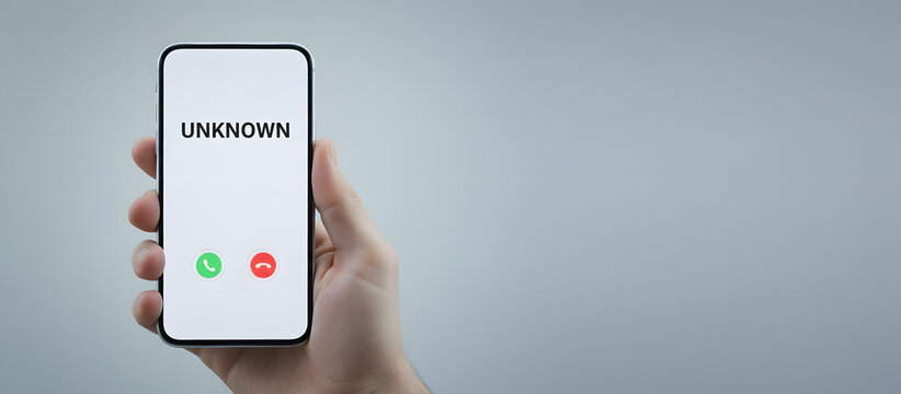 Hand holding smartphone displaying unknown caller on screen  