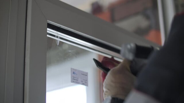 Worker installing glass pane into aluminum window frame
