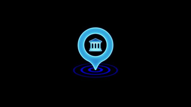 Animated blue map pin marker with building icon representing bank or courthouse on black background