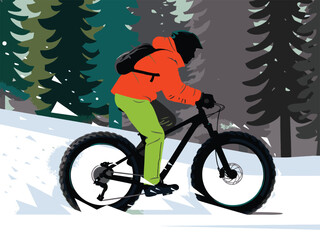 Dynamic illustration of a person fat biking in a snowy winter forest