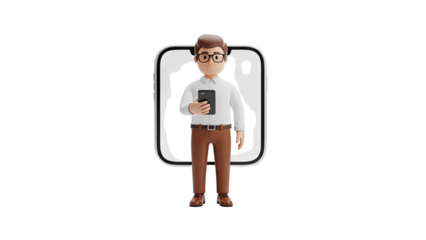 3D character using smartphone with large phone screen outline on transparent background