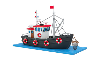 3D Cartoon fishing boat with net and life preservers on transparent background
