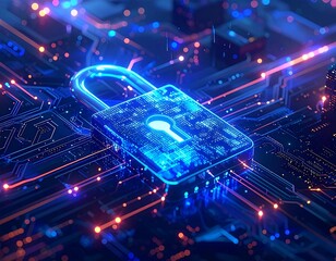 Glowing digital padlock atop an abstract circuit board