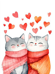 Two Adorable Cats Wrapped in Scarves with Hearts