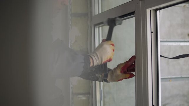 Worker tapping window frame with hammer during installation