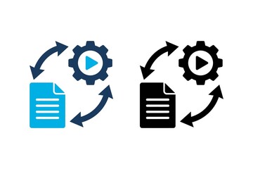 blue and black document gear icons with play buttons and circular arrows
