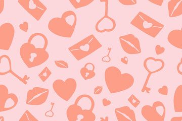 A romantic seamless pattern featuring hearts, keys, envelopes, and lips in soft peach tones on a pastel pink background, perfect for love-themed designs.