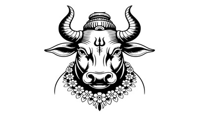 Fototapeta premium Hand drawn illustration of sacred bull Nandi with trishula symbol on forehead and floral garland, majestic bull head silhouette for Hindu mythology, spirituality, and religious concepts