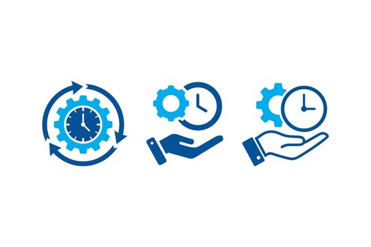blue icons of clock gear and hand