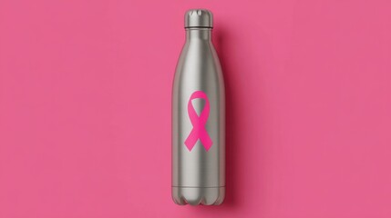 Pink Ribbon Breast Cancer Awareness on Stainless Steel Water Bottle, Minimal Pink Background