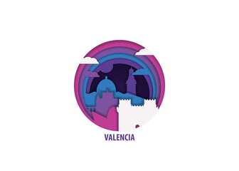 Valencia, Spain paper cut, cityscape crafted vector illustration. Origami, layered art of city with skyline, buildings, landscape shape for sticker, badge, web, print