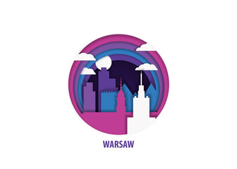 Warsaw, Poland paper cut, cityscape crafted vector illustration. Origami, layered art of city with skyline, buildings, landscape shape for sticker, badge, web, print