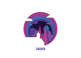 Zagreb, Croatia paper cut, cityscape crafted vector illustration. Origami, layered art of city with skyline, buildings, landscape shape for sticker, badge, web, print
