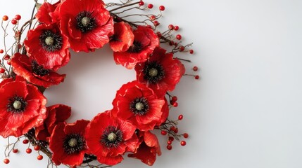 Red Poppy Flower Wreath with Copy Space Isolated on White Background
