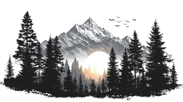 Black vector silhouette panorama: jagged mountain peaks and dense fir-tree skyline form a clean camping-adventure icon, set against sunrise-sunset gradient orb, isolated on white