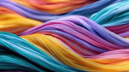Close-up of flowing rainbow-colored ribbons or threads, stacked in soft folds of blue, turquoise, purple, pink, orange, and yellow. Concept Close-up rainbow ribbons in soft folded layers
