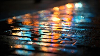 Colorful neon reflections on a wet cobblestone street at night. Concept Neon reflections, Wet cobblestones at night, Night street photography, Colorful urban atmosphere, Rainy cityscape
