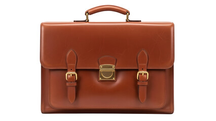 Brown Leather Briefcase with Gold Hardware and Strap Closures isolated on a transparent background vintage style