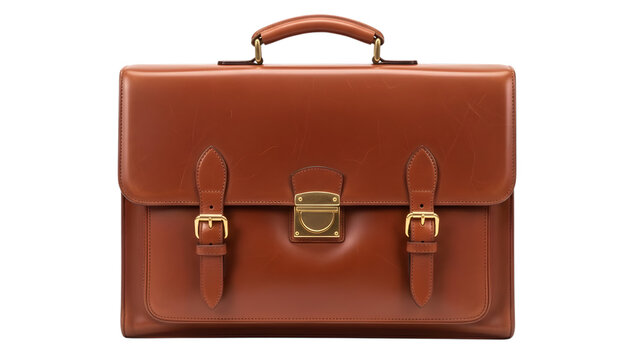 Brown Leather Briefcase with Gold Hardware and Strap Closures isolated on a transparent background vintage style