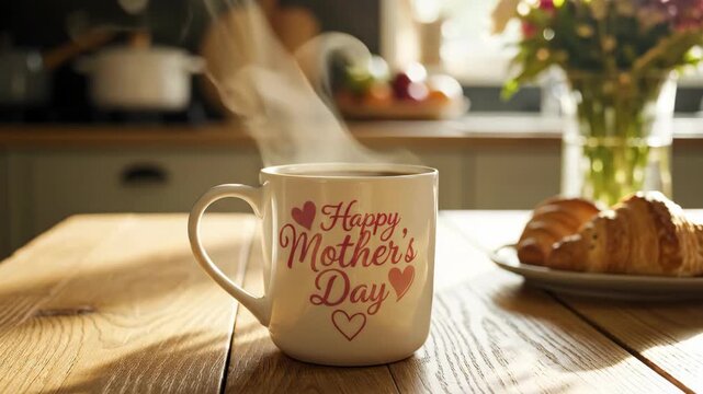 Steaming hot coffee mug with Happy Mothers Day text on wooden table next to croissants and flowers in the kitchen