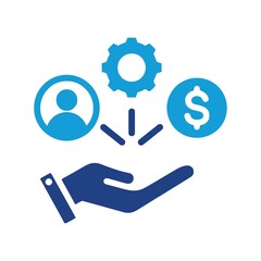 hand showing gear money and person icons