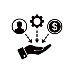 hand with gear and icons of a person and dollar