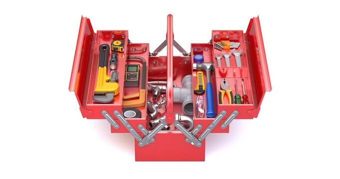 Opening of red expendable cantilever tool box with plumber tools - 3D animation seamlessly loopable