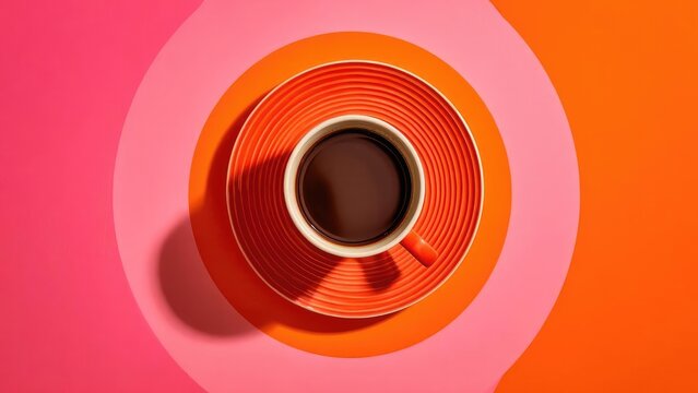 Top-down view of an orange coffee cup on a ribbed orange saucer filled with dark coffee, set on a pink and orange abstract background. Concept Top-down view, Orange coffee cup, Ribbed orange saucer - Powered by Adobe