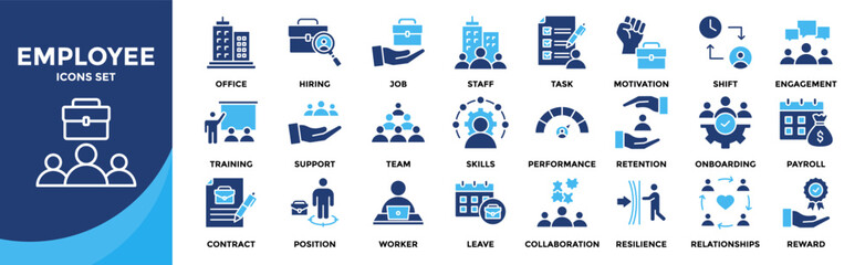 Employee icon set collection. an icon pack contain industry, worker, staff, team, job, hiring, office, task, shift, payroll, support, training, performance, contract, engagement