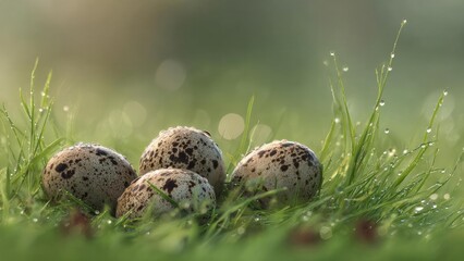 Quail eggs nestled in fresh, dewy grass. Concept Close-up macro of quail eggs in dewy grass, Speckled quail eggs among blades of grass, Rustic countryside still life with fresh grass
