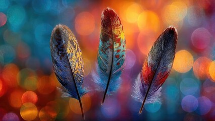 Three colorful feathers with blue, yellow, and red patterns against a vibrant multicolored bokeh background. Concept Close-up blue-yellow-red feathers, Vibrant bokeh background