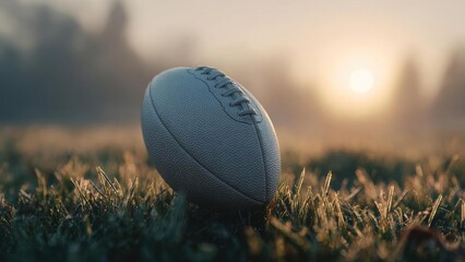 A football resting on dewy grass at sunrise. Concept Sunrise football on dewy grass, tranquil morning light, soft golden hour, close-up texture, quiet sports moment