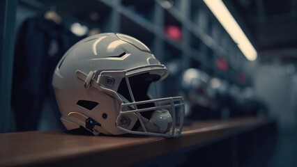 A white American football helmet rests on a wooden bench in a dimly lit locker room. Concept White football helmet on a wooden bench, Dim locker room lighting, Wooden bench textures