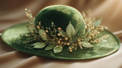 Green wide-brimmed hat adorned with gold leaves and tiny gold berries. Concept Green wide-brim hat, Gold leaf embellishment, Gold berries detail, Elegant headwear, Botanical accessory