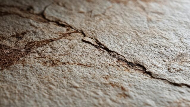 Close-up of a cracked rock surface with brown mineral veins running through it. Concept Macro rock texture, Cracked surface details, Brown mineral veins, Geological patterns, Natural earth tones