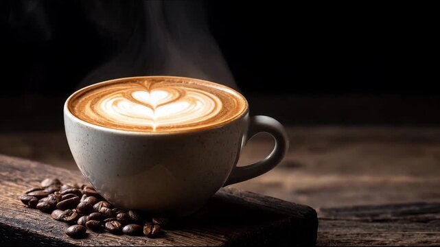 Steaming cup of cappuccino with heart latte art and roasted coffee beans on rustic wooden table against dark background