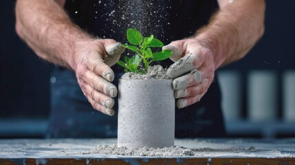 A hands-in-action shot of someone demolding a sleek, geometric concrete planter from a silicone mold.