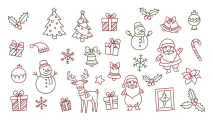 Merry Christmas Line Art Doodle Set Holiday Vector Icons Collection Festive Design Elements Santa Tree Gifts Snowman Reindeer Outline Illustrations