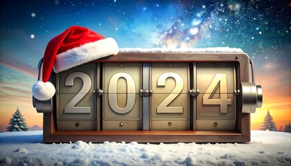 A festive countdown 2024 displayed with a Santa hat on snowy landscape