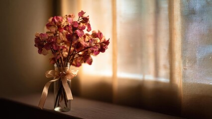 Pink dried flowers arranged in a glass vase with a satin ribbon on a sunlit windowsill. Concept Pink Dried Flowers, Glass Vase, Satin Ribbon, Sunlit Windowsill, Floral Still Life