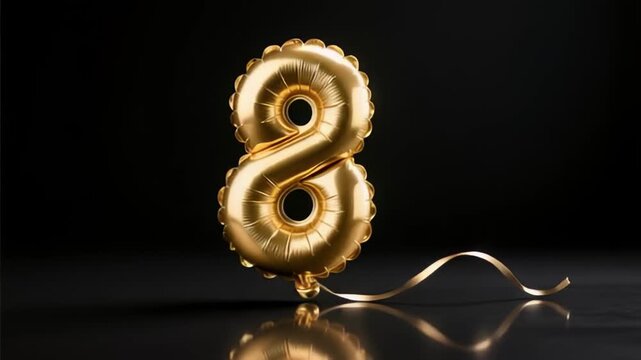 Golden number eight balloon floating elegantly on black