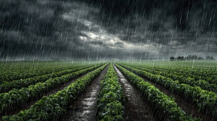 Rain falling over a field of crops