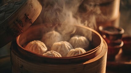 Dumplings steaming in a round bamboo steamer basket. Concept Steaming dumplings, Bamboo steamer basket, Dim sum delights, Juicy dumpling wrappers, Traditional Chinese dim sum