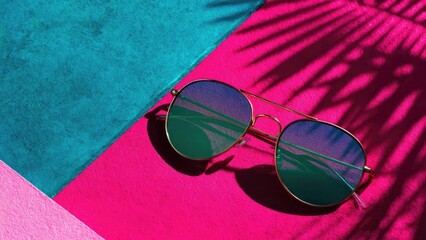 Gold-rimmed aviator sunglasses with green lenses on a bright pink and teal background, casting palm-shadow patterns. Concept Gold-rimmed aviator sunglasses, Green lenses, Bright pink/teal backdrop