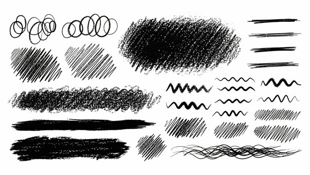 Collection of various abstract hand-drawn pencil scribble and hatching brush stroke effects