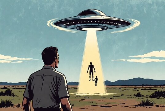 Man observing humanoid figures beamed by UFO in vast desert