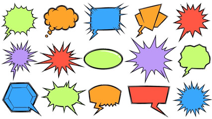 Diverse collection of colorful hand-drawn comic speech bubbles, thought clouds, and explosion shapes perfect for vibrant graphic design projects and communication