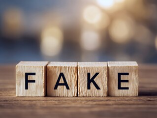 木製ブロックに並ぶFAKEの文字が示す偽情報やフェイクニュースへの注意喚起イメージ