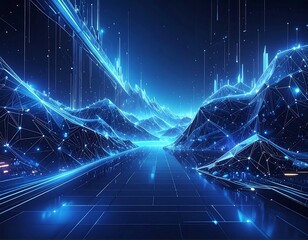 Futuristic digital landscape with glowing lines and polygonal mountains